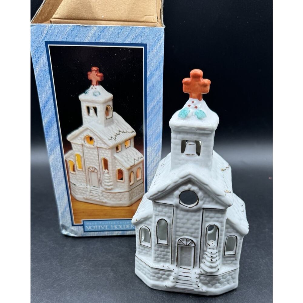 Vintage Porcelain House Votive Village Hand Painted Church -7D